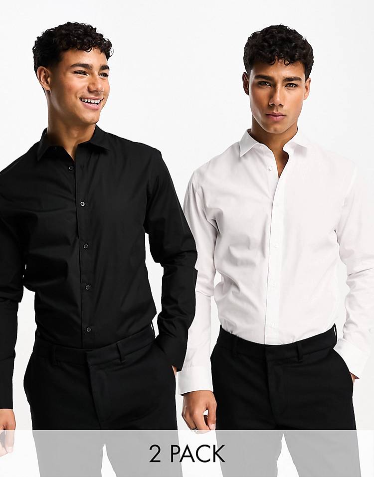 Jack & Jones 2 pack slim fit smart shirt in white & black